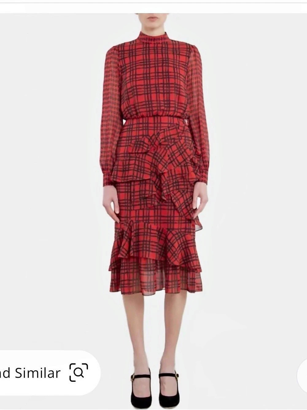 Saloni Plaid Ruffle Midi Dress in Red & Black Like New
